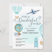Blue Boy ONEderful World First Birthday Einladung (Vorderseite)