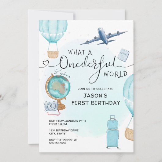 Blue Boy ONEderful World First Birthday Einladung (Vorderseite)