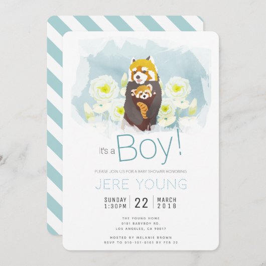 Blue Boy 'Red Panda' Baby Shower Einladungskarte Einladung (Vorne/Hinten)