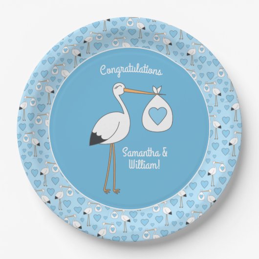 Blue Boy Stork Baby Dusche Pappteller (Vorderseite)
