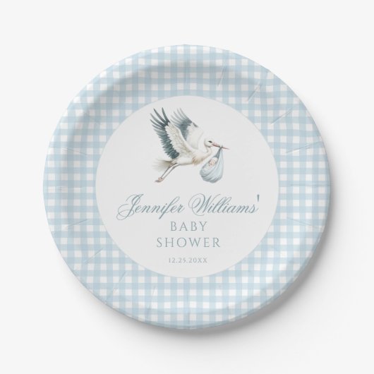 Blue Boy Stork Baby Shower Gingham Paper Teller (Vorderseite)