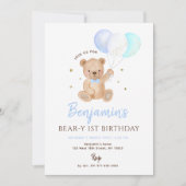 Blue Boy Teddy Bear Balloon First Birthday Einladung (Vorderseite)
