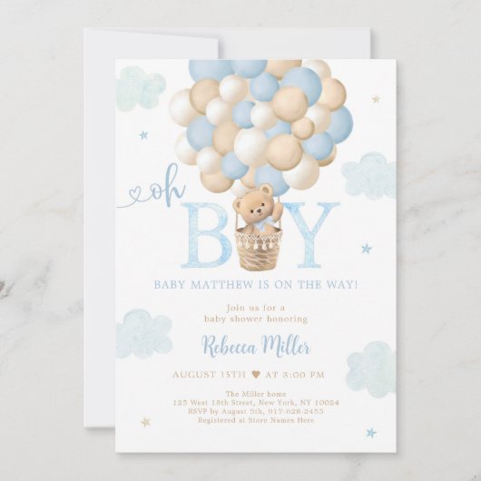 Blue Boy Teddy Bear Hot Air Ballon Babydusche Einladung (Vorderseite)