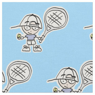 Blue Boy Tennis Player Cartoon Stoff für Kinder