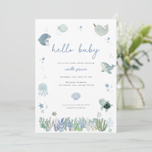 Blue Boy Under the Sea Baby Shower Einladung (Stehend Vorderseite)