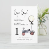 Blue Boy Vintag Race Car 1. Geburtstag Einladung (Stehend Vorderseite)