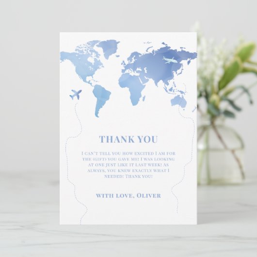 Blue Boy World Map Reiseabenteuerdusche Baby Dankeskarte (Stehend Vorderseite)