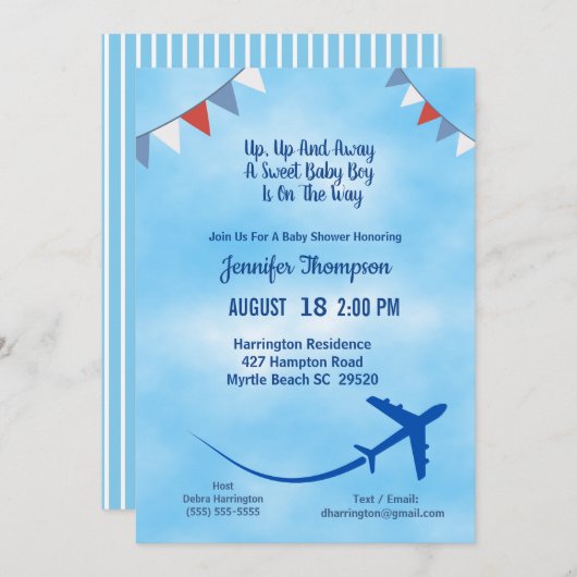 Blue Boy's Airplane Baby Shower Einladung (Vorne/Hinten)