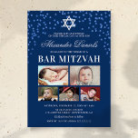 Blue Boys Bar Mitzvah Foto Einladung<br><div class="desc">Personalisierte Bar mitzvah-Einladungen mit einem stylishen blauen Hintergrund,  Glitzer,  Stern des david Symbols,  5 Kinderbildern und einer mitzvah-Party-Vorlage,  die Sie anpassen können.</div>