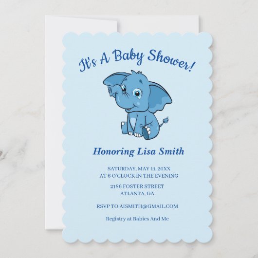 Blue Boy's Elephant Baby Shower Einladung (Vorderseite)