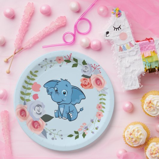 Blue Boy's Elephant Floral Baby Dusche Pappteller (Party)
