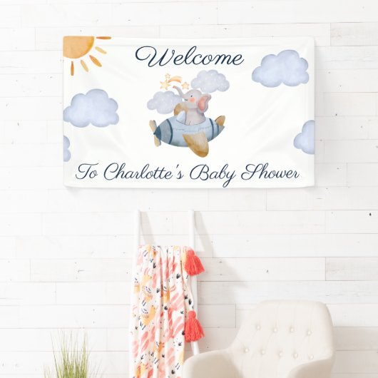 Blue Boy's Elephant Flugzeug Babydusche Banner (Insitu)