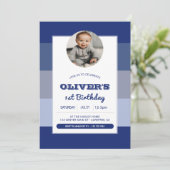 Blue Boys Foto 1. Geburtstag Einladung (Stehend Vorderseite)