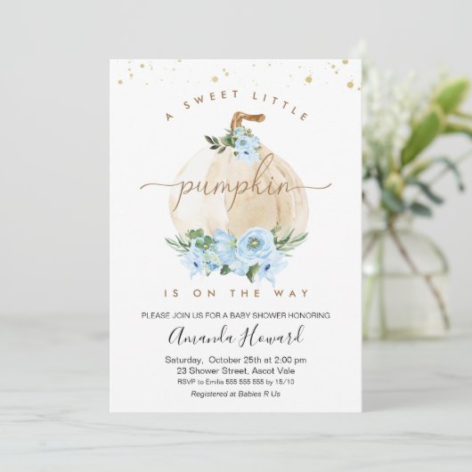 Blue Boys Little Pumpkin Floral Baby Dusche Einladung (Stehend Vorderseite)