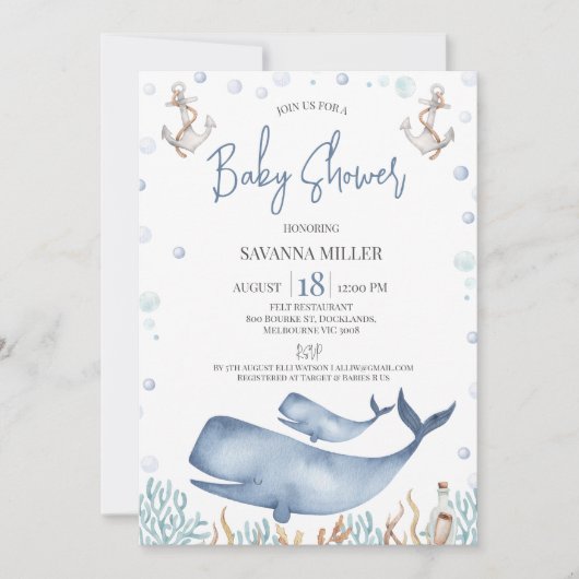 Blue Boys Whale Calf Baby Dusche Einladung (Vorderseite)