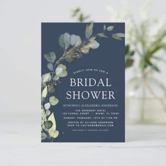 Blue Brautparty QR Code Eucalyptus Einladung (Stehend Vorderseite)