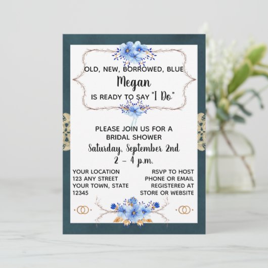 Blue Bridal Dusche Einladung (Stehend Vorderseite)