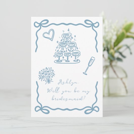 Blue Bridesmaier Vorschlag Card Handgezeichnet Einladung (Stehend Vorderseite)