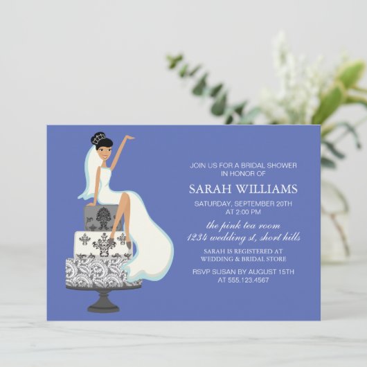 Blue Bridge auf Hochzeitstorte Einladung (Stehend Vorderseite)