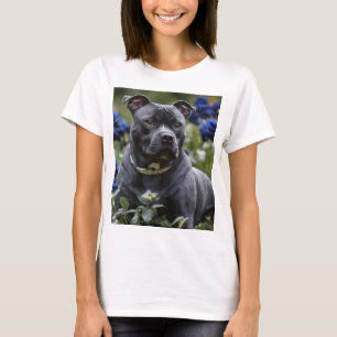 "Blue Brindle Schönheit: Ein Staffy mit blauen Ros T-Shirt
