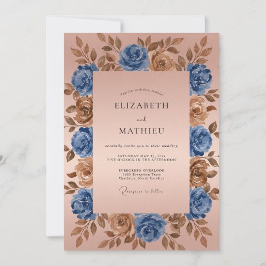 Blue Bronze Floral Romantic Wedding Einladung (Vorderseite)