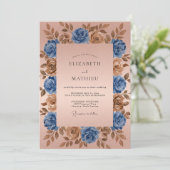 Blue Bronze Floral Romantic Wedding Einladung (Stehend Vorderseite)