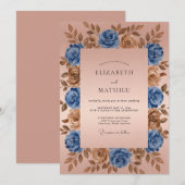 Blue Bronze Floral Romantic Wedding Einladung (Vorne/Hinten)