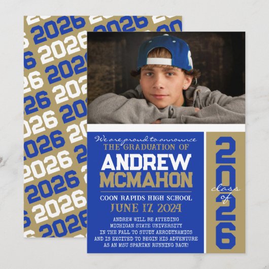 Blue & Bronze Gold Abschluss Foto Ankündigung (Vorne/Hinten)