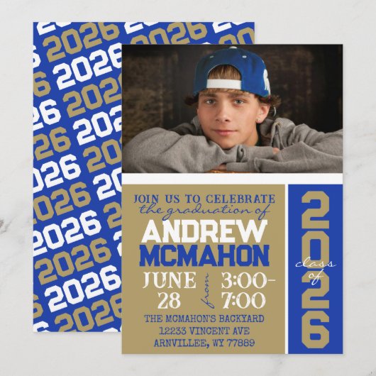 Blue & Bronze Gold Abschluss Foto Einladung (Vorne/Hinten)