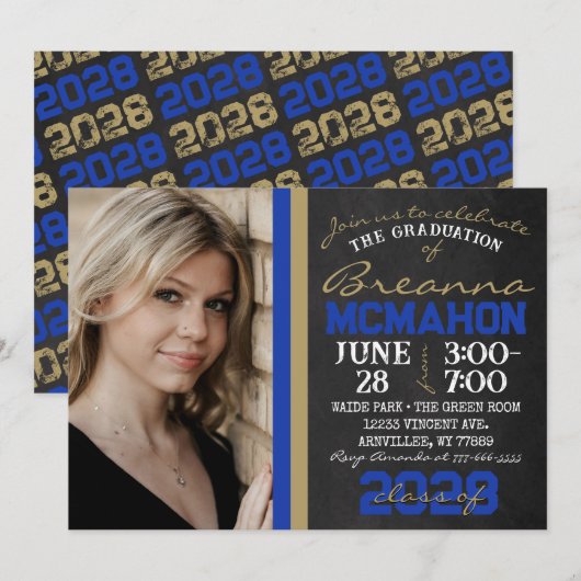 Blue & Bronze Gold Chalkboard Abschluss Foto Einladung (Vorne/Hinten)