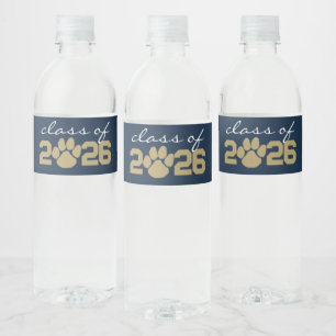 Blue & Bronze Gold Paw Print Abschluss Wasserflaschenetikett