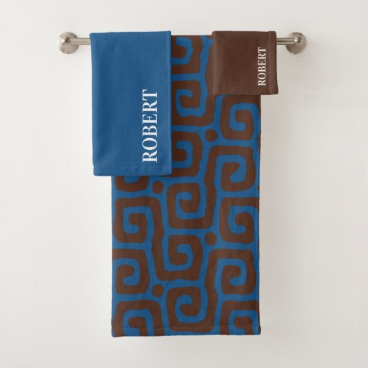  Blue &Brown Abstract Pattern Custom Name Badhandtuch Set (Insitu)