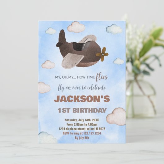Blue Brown Airplane Einladungen zum Geburtstag (Stehend Vorderseite)