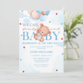 Blue Brown Baby Boy Bearly Wait Baby Dusche Einladung (Stehend Vorderseite)