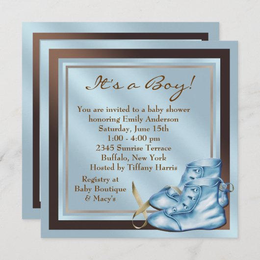 Blue Brown Baby Shoes Blue Brown Baby Boy Dusche Einladung (Vorne/Hinten)