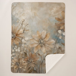 Blue Brown Beige Bauernhaus Floral Sherpadecke