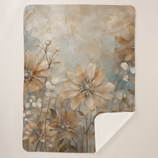 Blue Brown Beige Bauernhaus Floral Sherpadecke (Vorderseite)