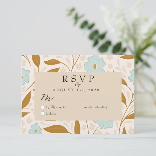Blue Brown Boho Floral Wedding RSVP Response Card (Stehend Vorderseite)