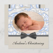 Blue Brown Boys Foto Christening Einladung (Vorne/Hinten)