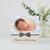 Blue Brown Boys Foto Christening Einladung (Stehend Vorderseite)