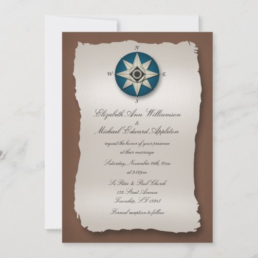 Blue & Brown Compass Wedding Einladungen (Vorderseite)