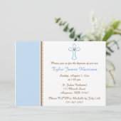 Blue Brown Cross Baby Baptisse / Christening Einladung (Stehend Vorderseite)