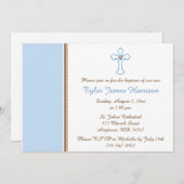 Blue Brown Cross Baby Baptisse / Christening Einladung (Vorne/Hinten)