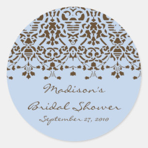 Blue & Brown Damask Brause-Aufkleber Runder Aufkleber