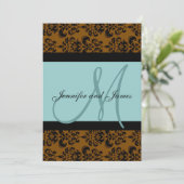Blue Brown Damask Monogram Wedding Einladung (Stehend Vorderseite)