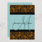 Blue Brown Damask Monogram Wedding Einladung (Vorne/Hinten)