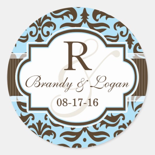 Blue & Brown Damask Wedding Runder Aufkleber (Vorderseite)