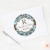 Blue & Brown Damask Wedding Runder Aufkleber (Umschlag)