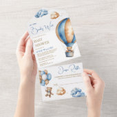 Blue Brown Hot Air Ballon Teddy Bear Baby Dusche All In One Einladung (Abreißen)