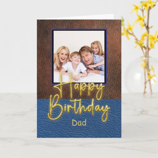 Blue & Brown leather Gold Script Dad Birthday Karte (Gelbe Blume)